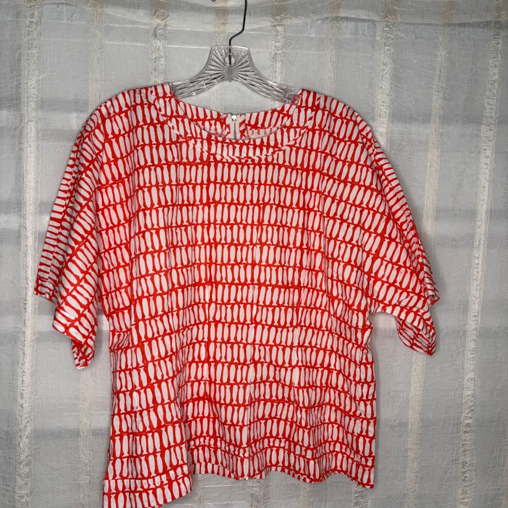MIRTH Handmade Block Print Top Womens L Red White Excellent Fish Pattern